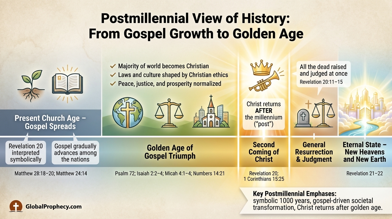 Infographic timeline showing the postmillennial view of history from church age to eternal state.