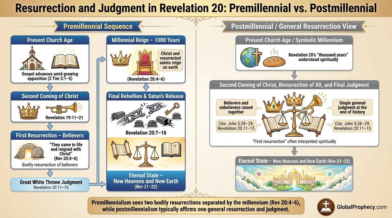 Side-by-side diagram comparing premillennial and postmillennial structures of resurrection and judgment.