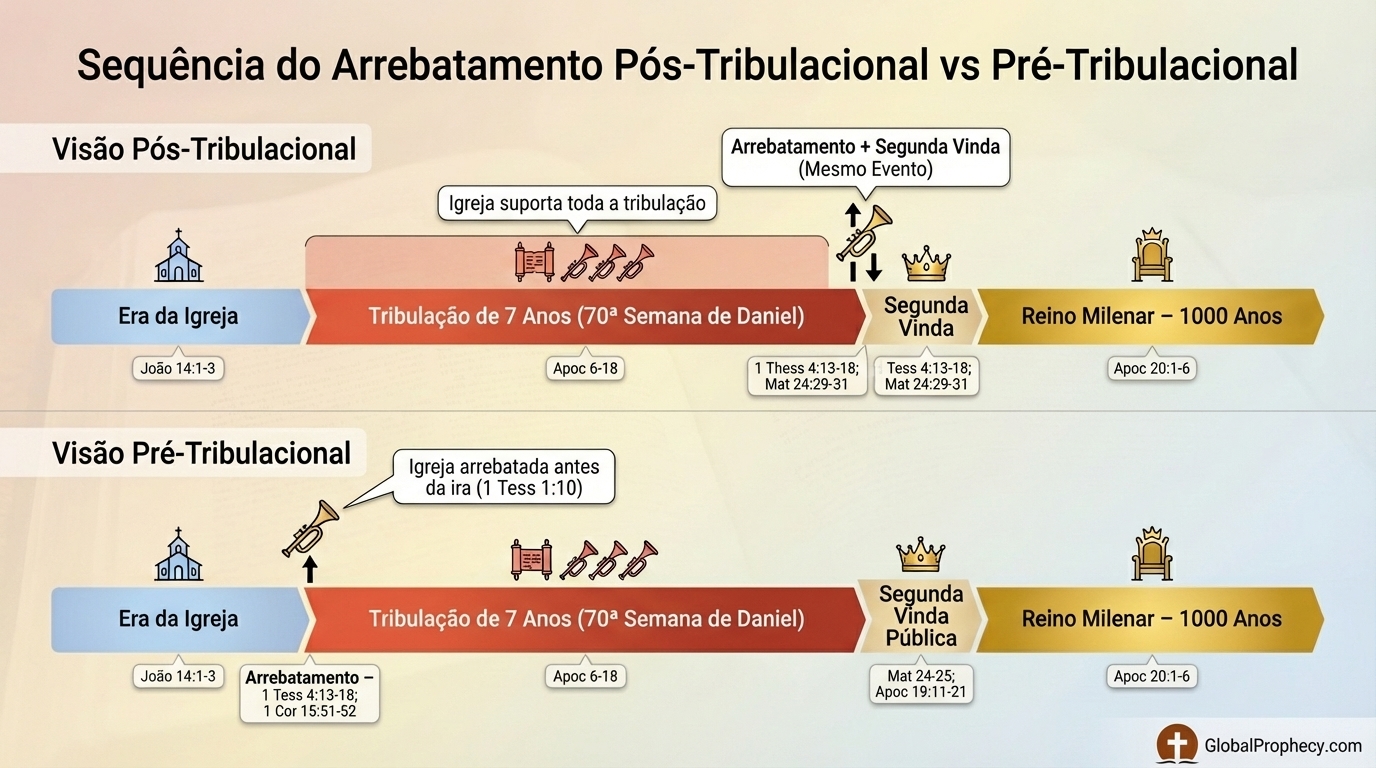 Infográfico comparando as linhas do tempo do arrebatamento pós-tribulacional e pré-tribulacional.