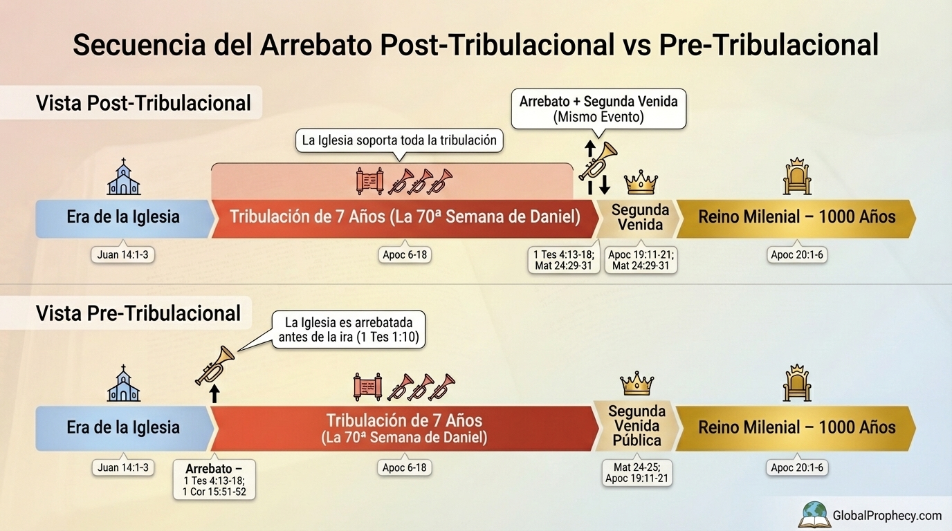 Infografía comparando las líneas de tiempo del rapto post-tribulacional y pre-tribulacional.