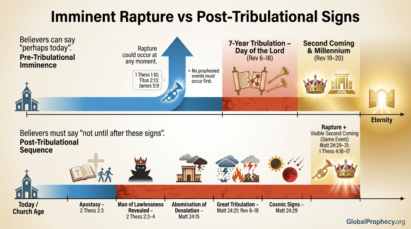 Infographic contrasting imminent rapture hope with post-tribulational signs timeline.