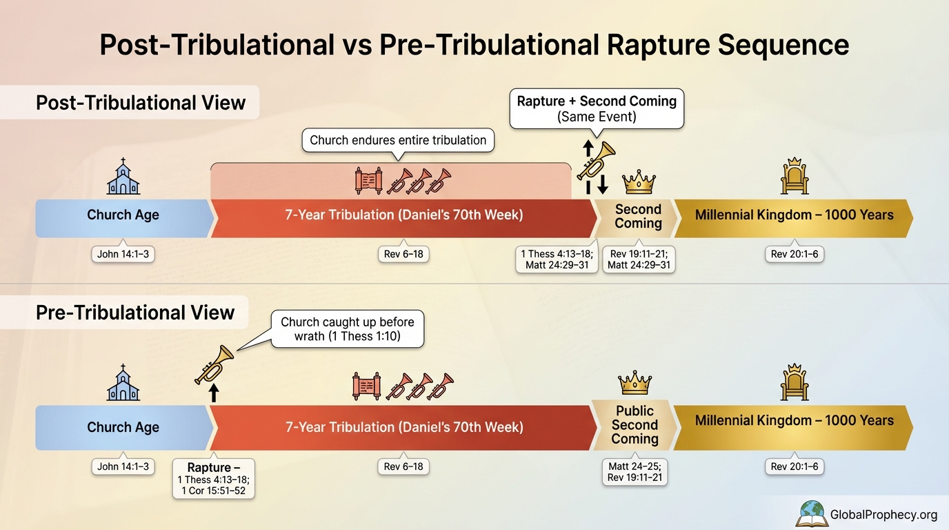 Infographic comparing post-tribulational and pre-tribulational rapture timelines.