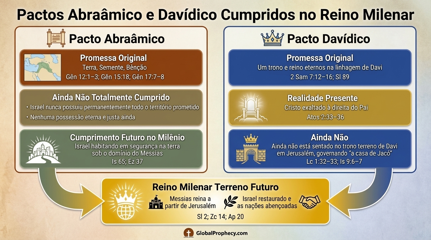 Diagrama mostrando as alianças abraâmica e davídica convergindo no reino milenar de Cristo.