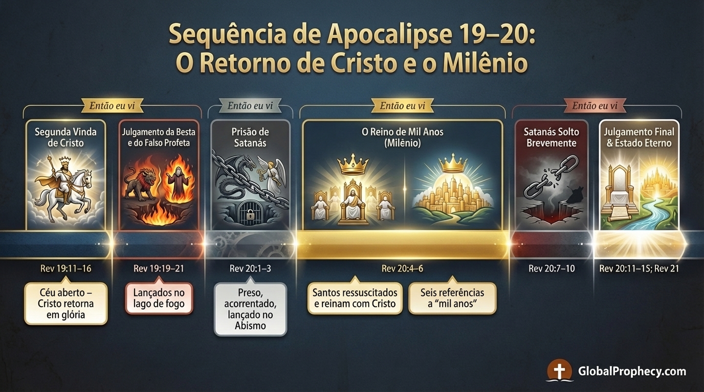 Linha do tempo infográfica de Apocalipse 19–20 mostrando o retorno de Cristo antes do reino milenar.