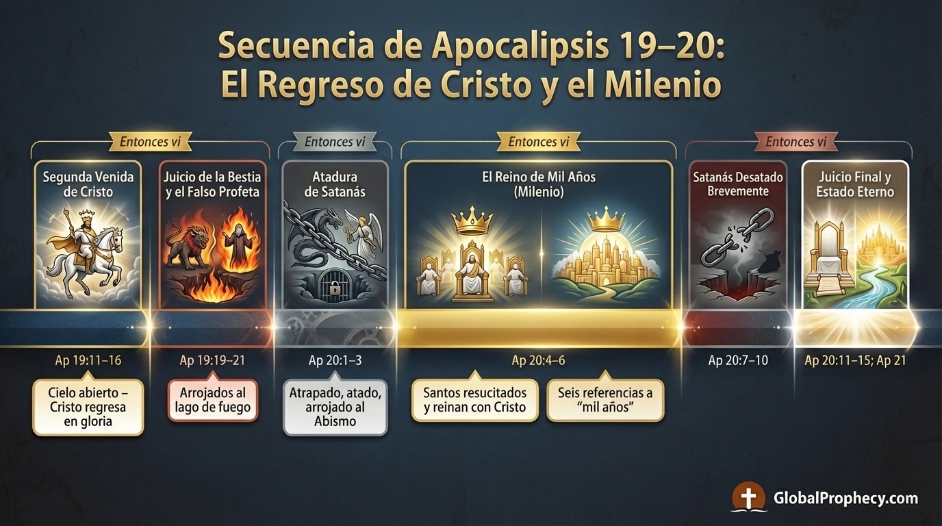 Línea de tiempo infográfica de Apocalipsis 19-20 que muestra el regreso de Cristo antes del reino milenial.