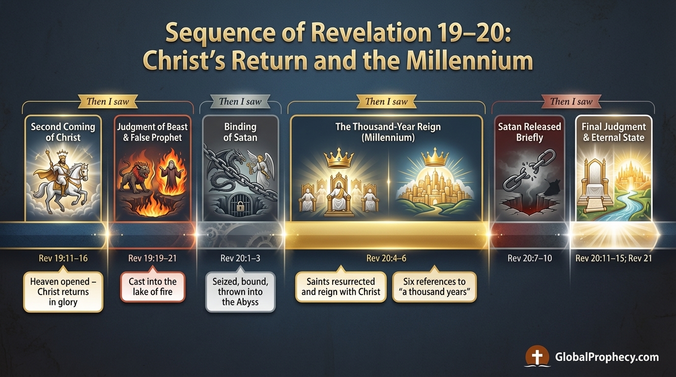 Infographic timeline of Revelation 19â20 showing Christâs return before the millennial kingdom.