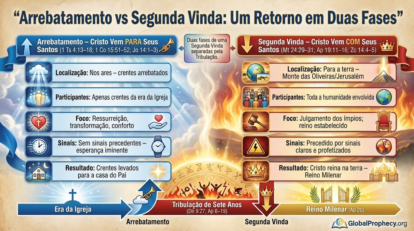 Infográfico lado a lado comparando o arrebatamento e a Segunda Vinda como duas fases do retorno de Cristo.