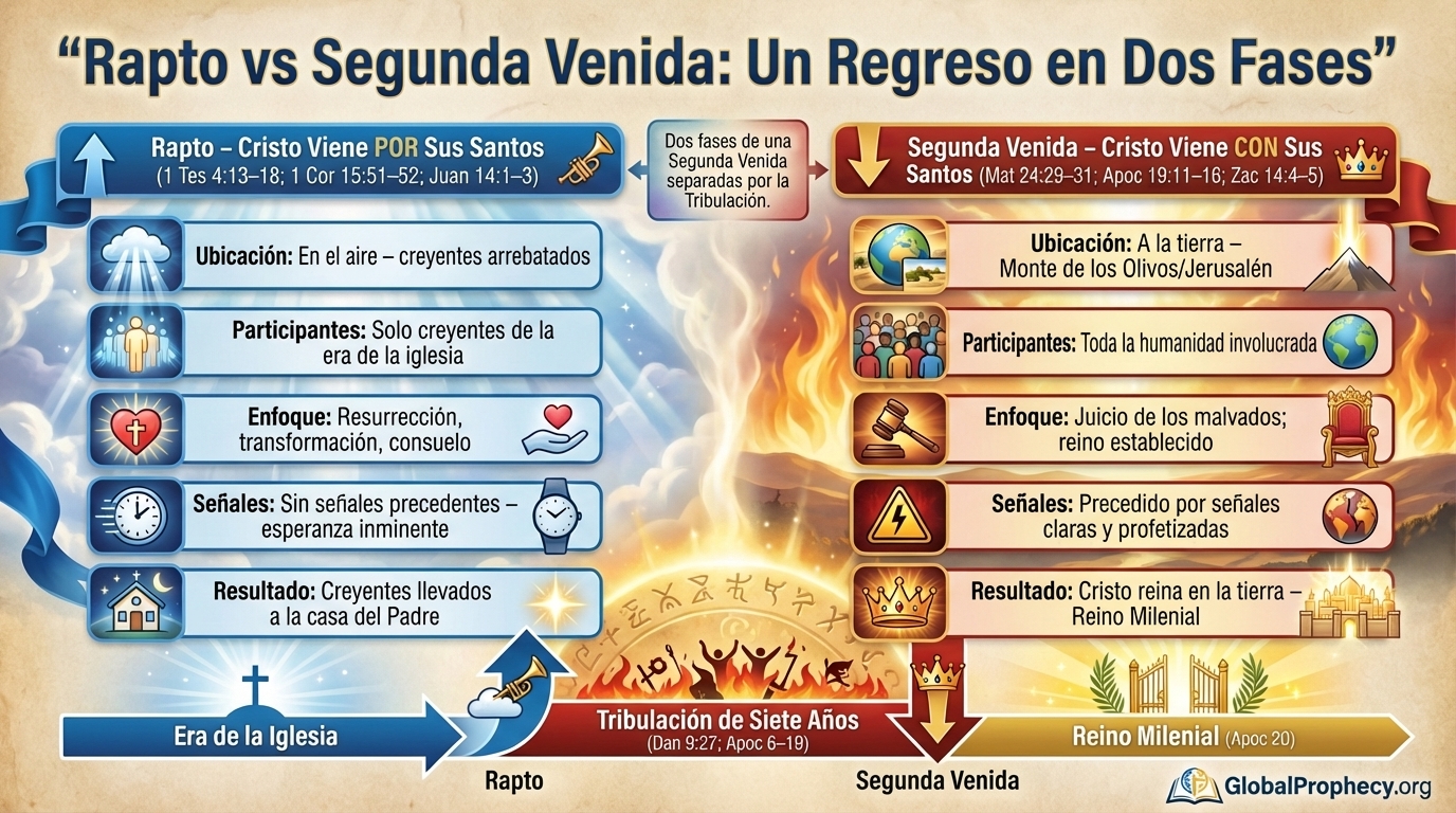 Infografía comparativa entre el rapto y la Segunda Venida como dos fases del regreso de Cristo.