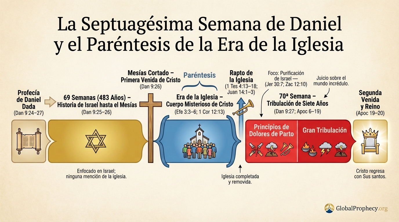 Línea de tiempo infográfica de las setenta semanas de Daniel, destacando el paréntesis de la era de la iglesia y el rapto pre-tribulación.