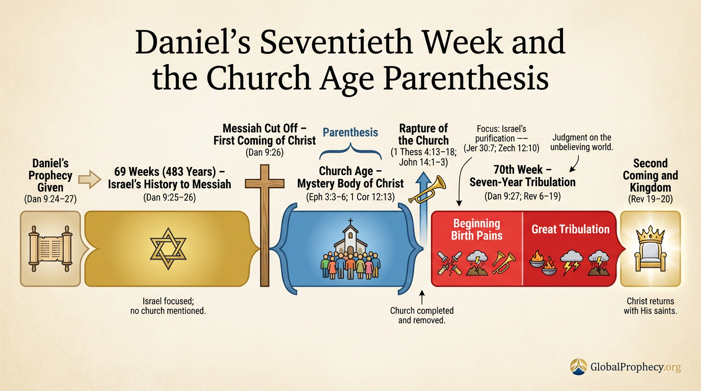 Infographic timeline of Daniel’s seventy weeks highlighting the church age parenthesis and pre-tribulation rapture.