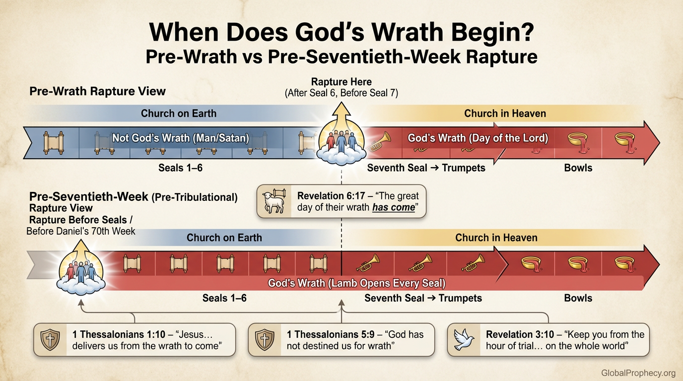 Comparison chart of pre‑wrath vs pre‑seventieth‑week views on when God’s wrath and the rapture occur.