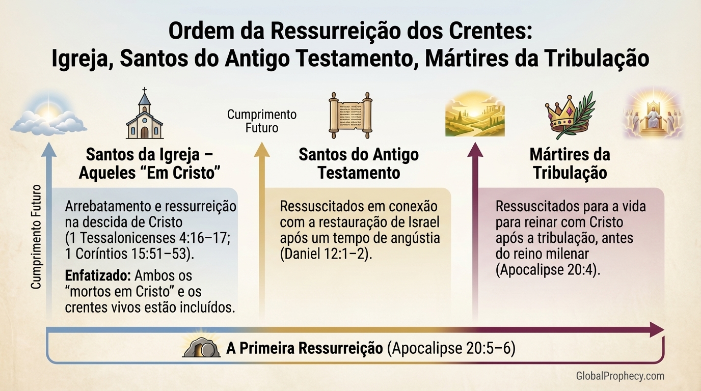 Diagrama comparando o arrebatamento da igreja, os santos do Antigo Testamento e as ressurreições dos mártires da tribulação.