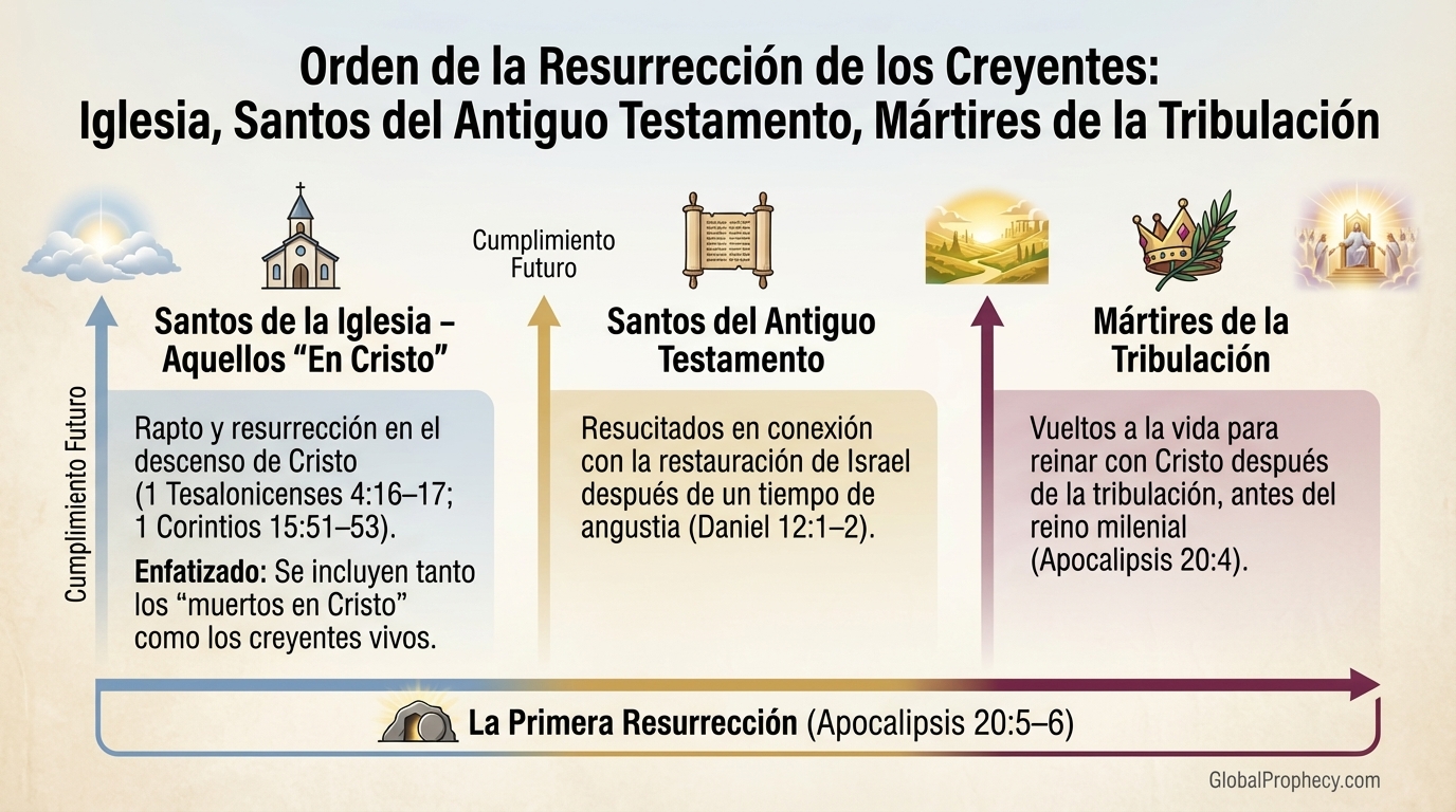 Diagrama comparando el rapto de la iglesia, los santos del Antiguo Testamento y las resurrecciones de los mártires de la tribulación.