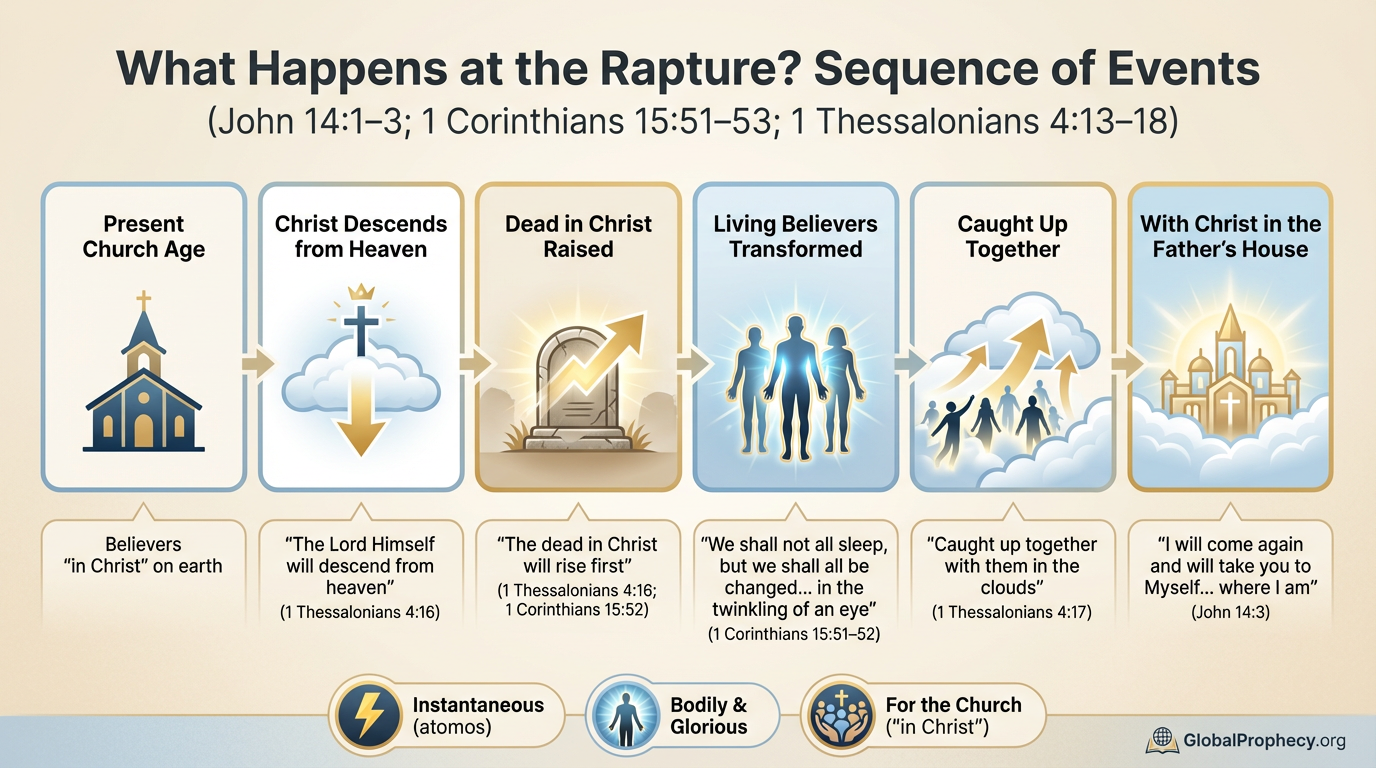 Infographic showing the biblical sequence of events at the rapture of the church.
