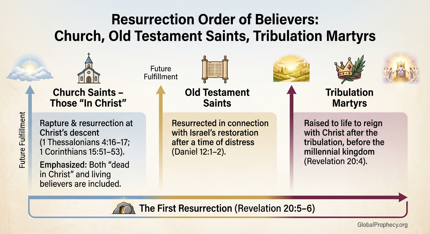 Diagram comparing church rapture, Old Testament saints, and tribulation martyrs resurrections.