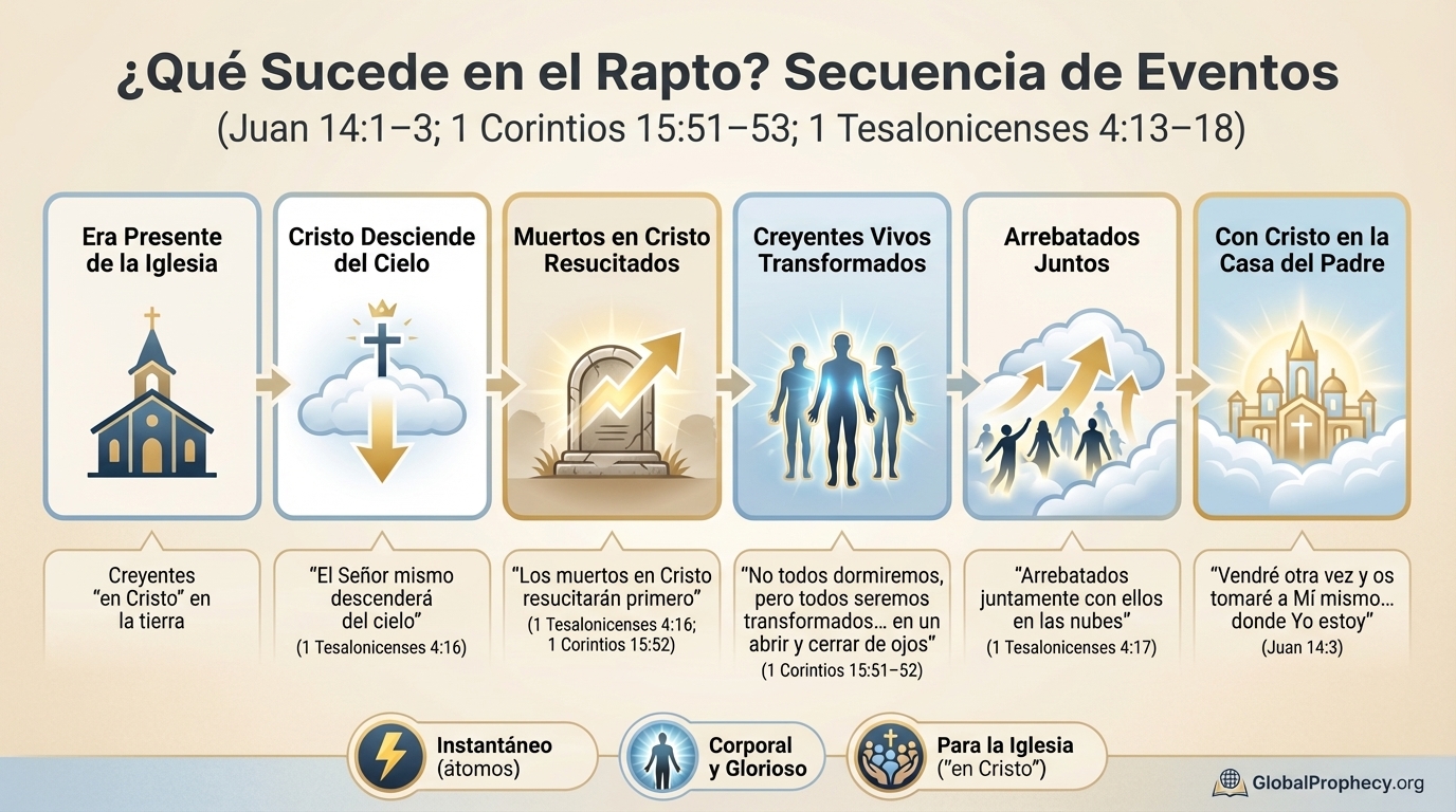 Infografía que muestra la secuencia bíblica de eventos en el rapto de la iglesia.
