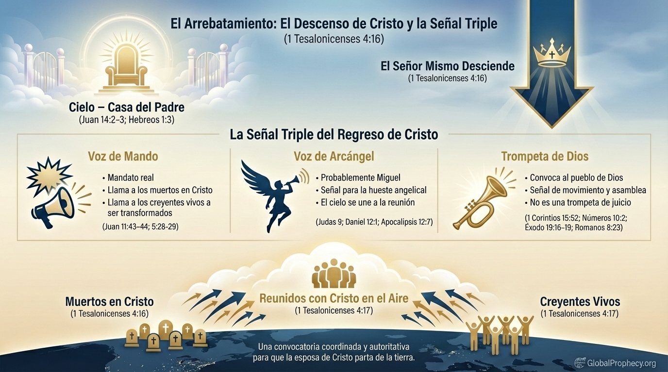 Infografía sobre el descenso de Cristo y la señal de arrebatamiento triple: grito, voz del arcángel y trompeta de Dios.