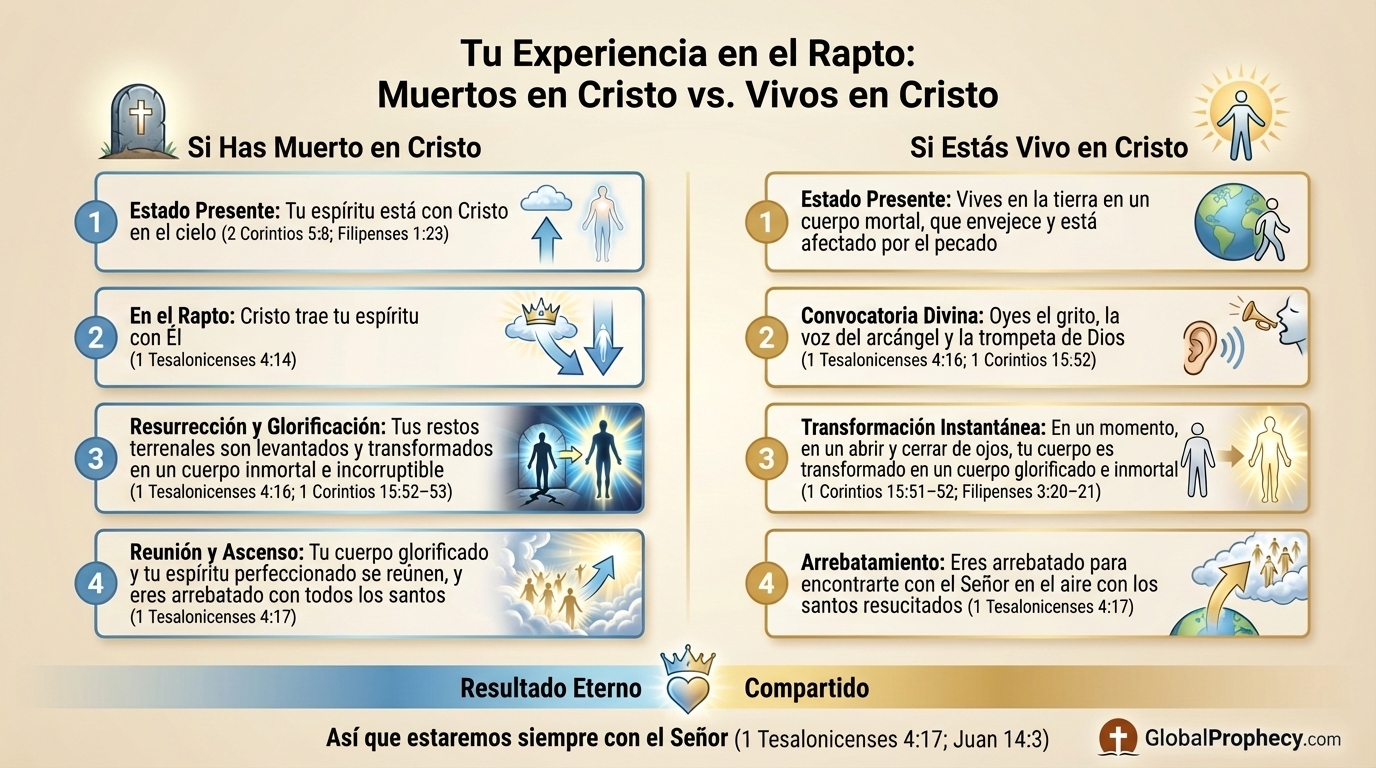 Gráfico comparativo de la experiencia del rapto de creyentes muertos y vivos con referencias bíblicas.