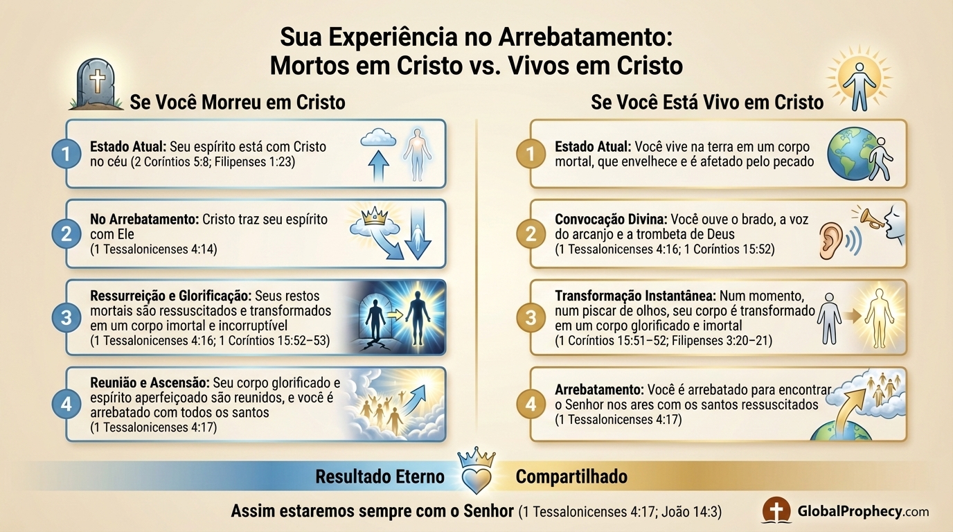 Gráfico lado a lado comparando a experiência do arrebatamento de crentes mortos e vivos com referências bíblicas.