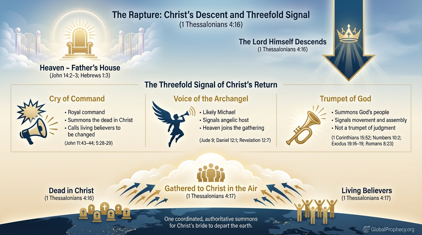 Infographic of Christ’s descent and the threefold rapture signal: shout, archangel’s voice, and trumpet of God.