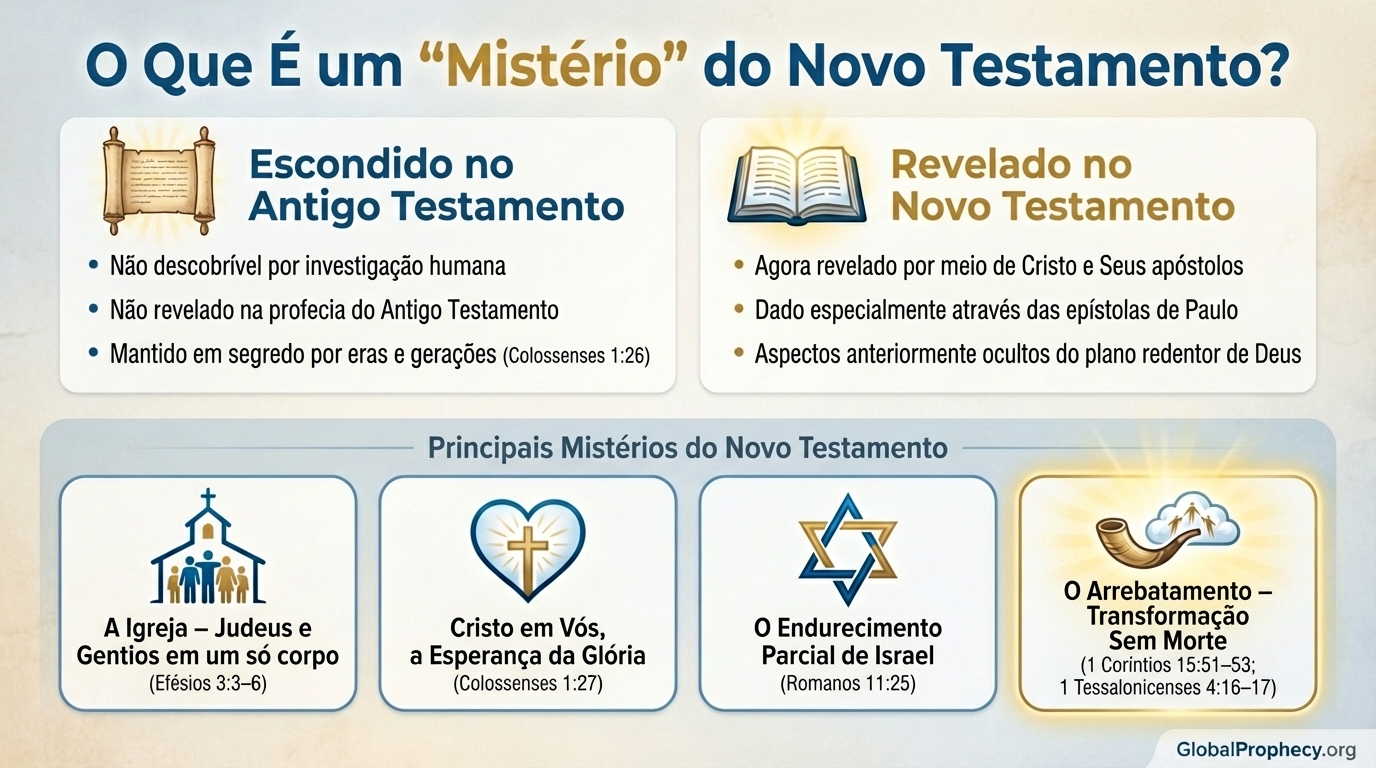 Infográfico mostrando o significado de mistério no Novo Testamento e como o arrebatamento se encaixa nessa categoria.