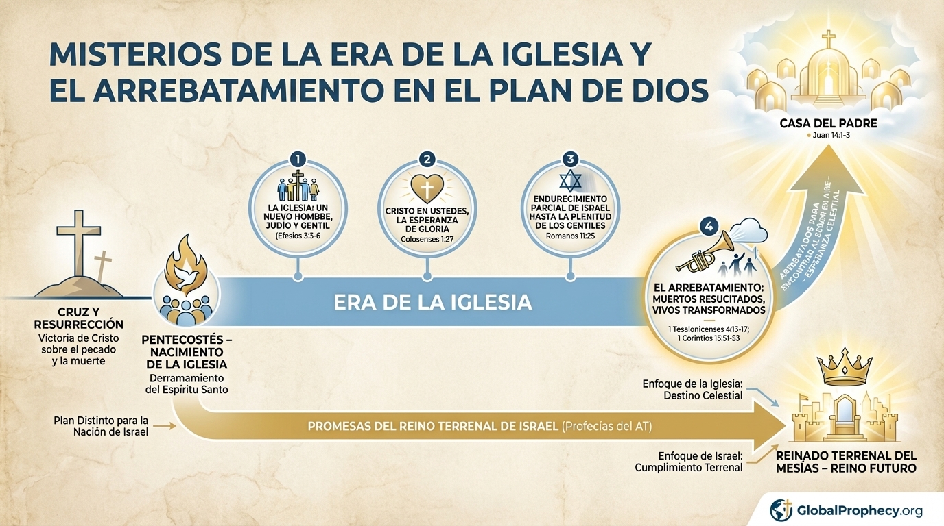 Infografía cronológica que vincula los misterios de la era de la iglesia con el rapto y el plan profético de Dios.