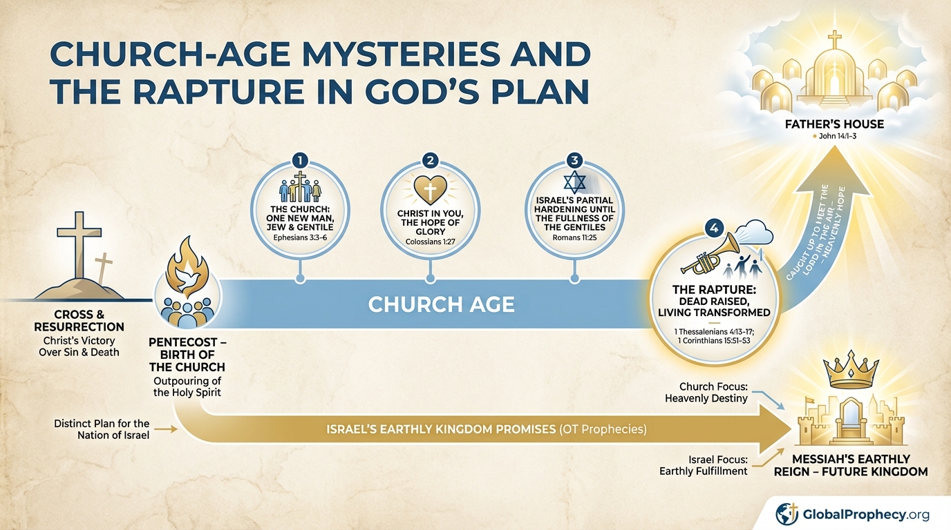 Timeline infographic linking church-age mysteries with the rapture and God’s prophetic plan.