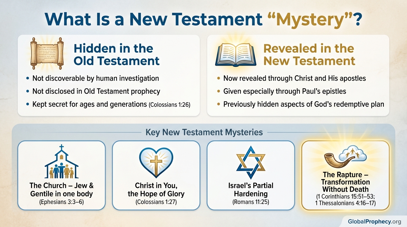 Infographic showing the New Testament meaning of mystery and how the rapture fits this category.