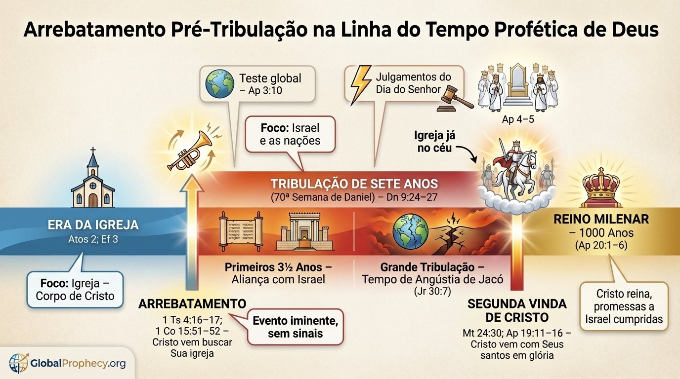 Linha do tempo do arrebatamento pré-tribulacional mostrando a era da igreja, a tribulação, a segunda vinda e o milênio.
