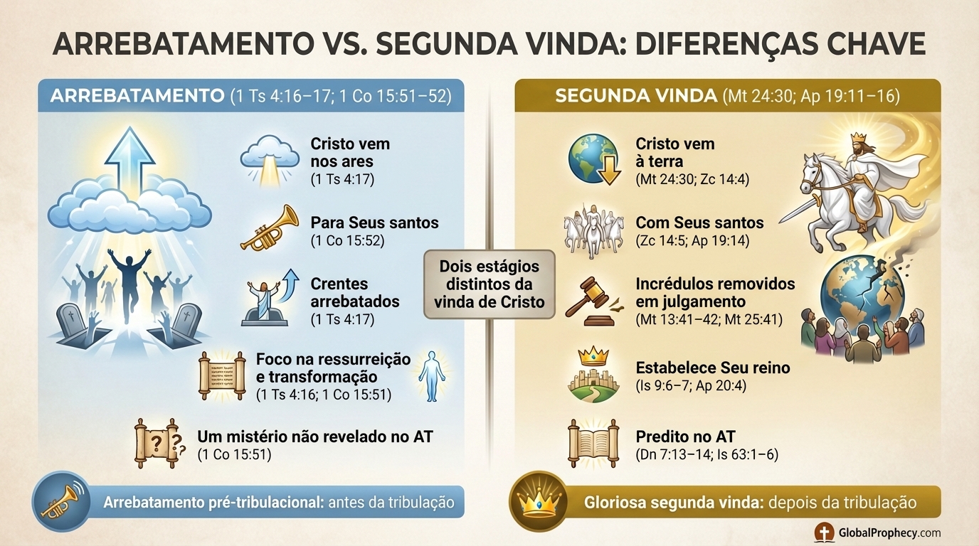 Infográfico comparando as principais diferenças entre o arrebatamento e a segunda vinda de Cristo.