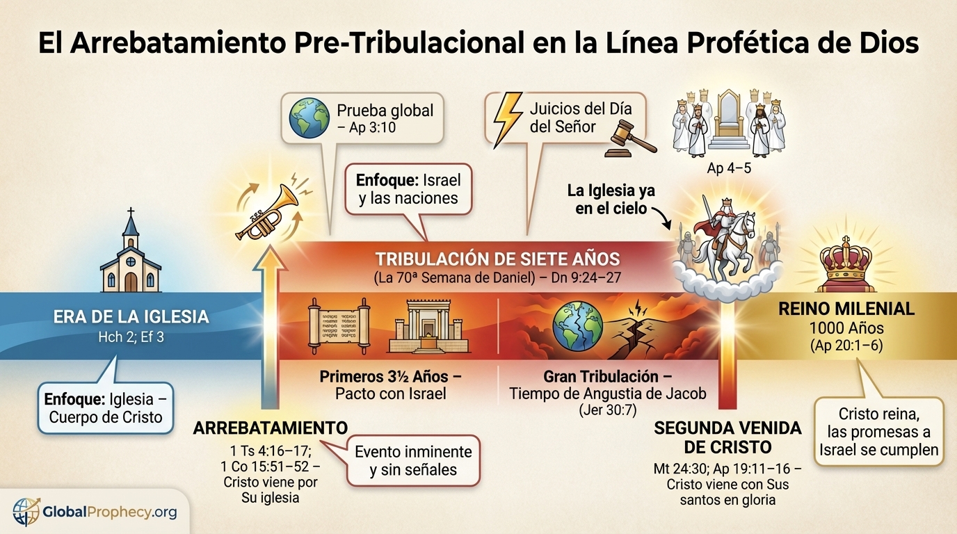 Cronología del rapto pre-tribulación que muestra la era de la iglesia, la tribulación, la segunda venida y el milenio.
