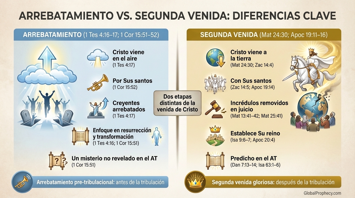 Infografía que compara las diferencias clave entre el rapto y la segunda venida de Cristo.