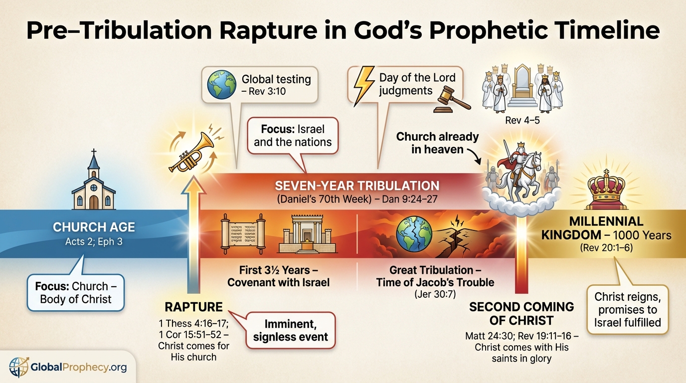 Pre‑tribulation rapture timeline showing church age, tribulation, second coming, and millennium.
