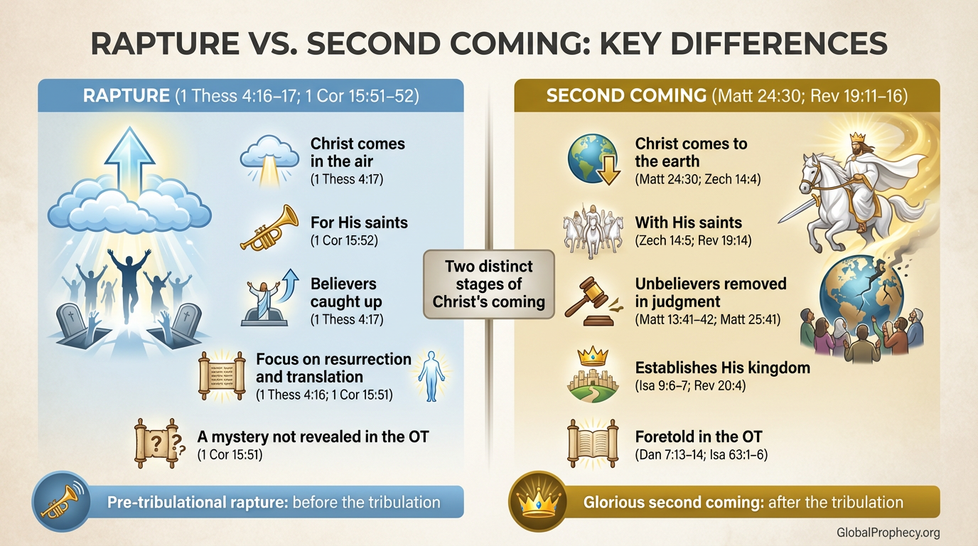 Infographic comparing key differences between the rapture and the second coming of Christ.