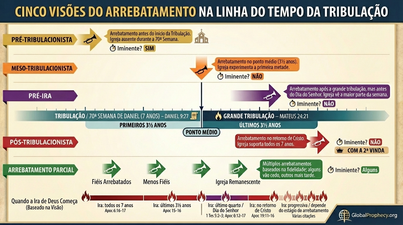 Linha do tempo em infográfico comparando cinco visões do arrebatamento durante a Tribulação de sete anos.