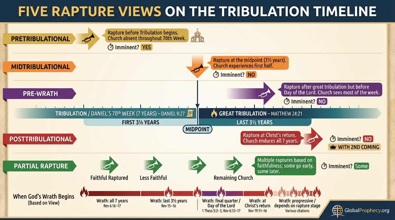 Infographic timeline comparing five rapture views around the seven-year Tribulation.