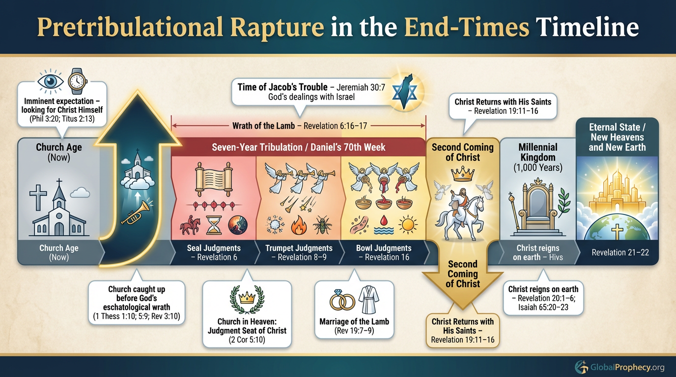 Infographic showing the pretribulational rapture in the overall end-times sequence.