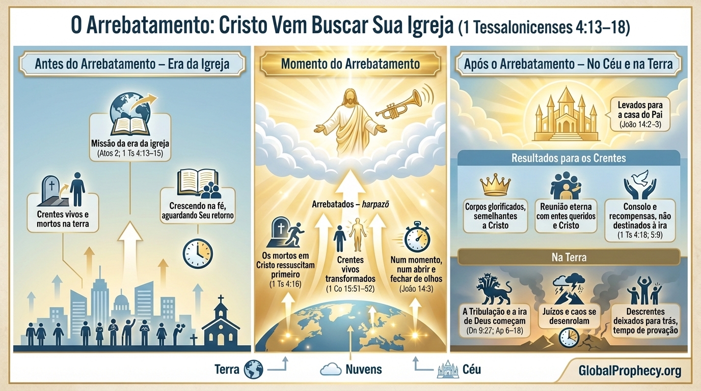 Infográfico mostrando o arrebatamento como Cristo vindo para Sua igreja, com setas da terra para as nuvens e para a casa do Pai.