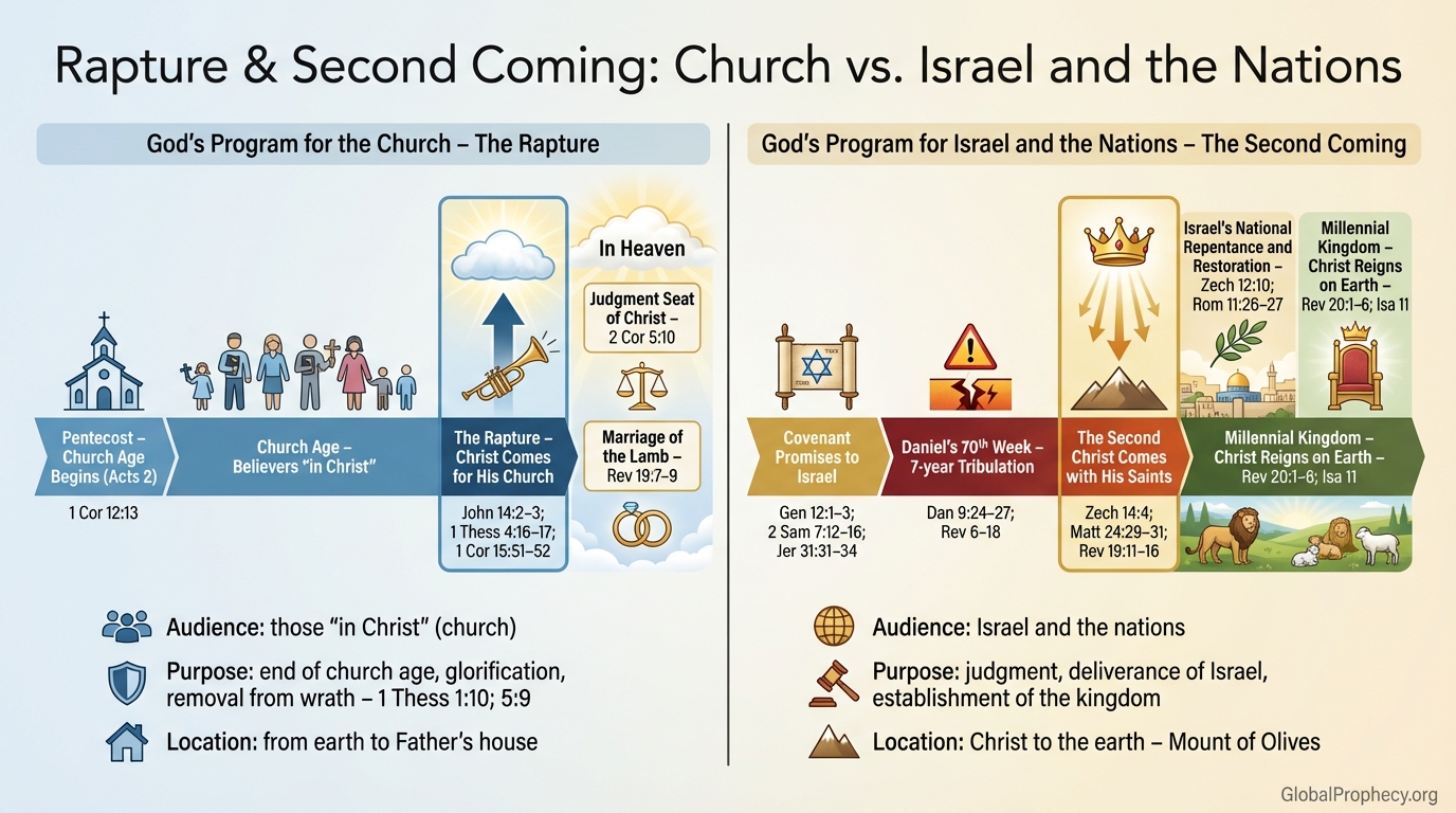 Split infographic comparing the rapture and Second Coming as God’s programs for the church versus Israel and the nations.