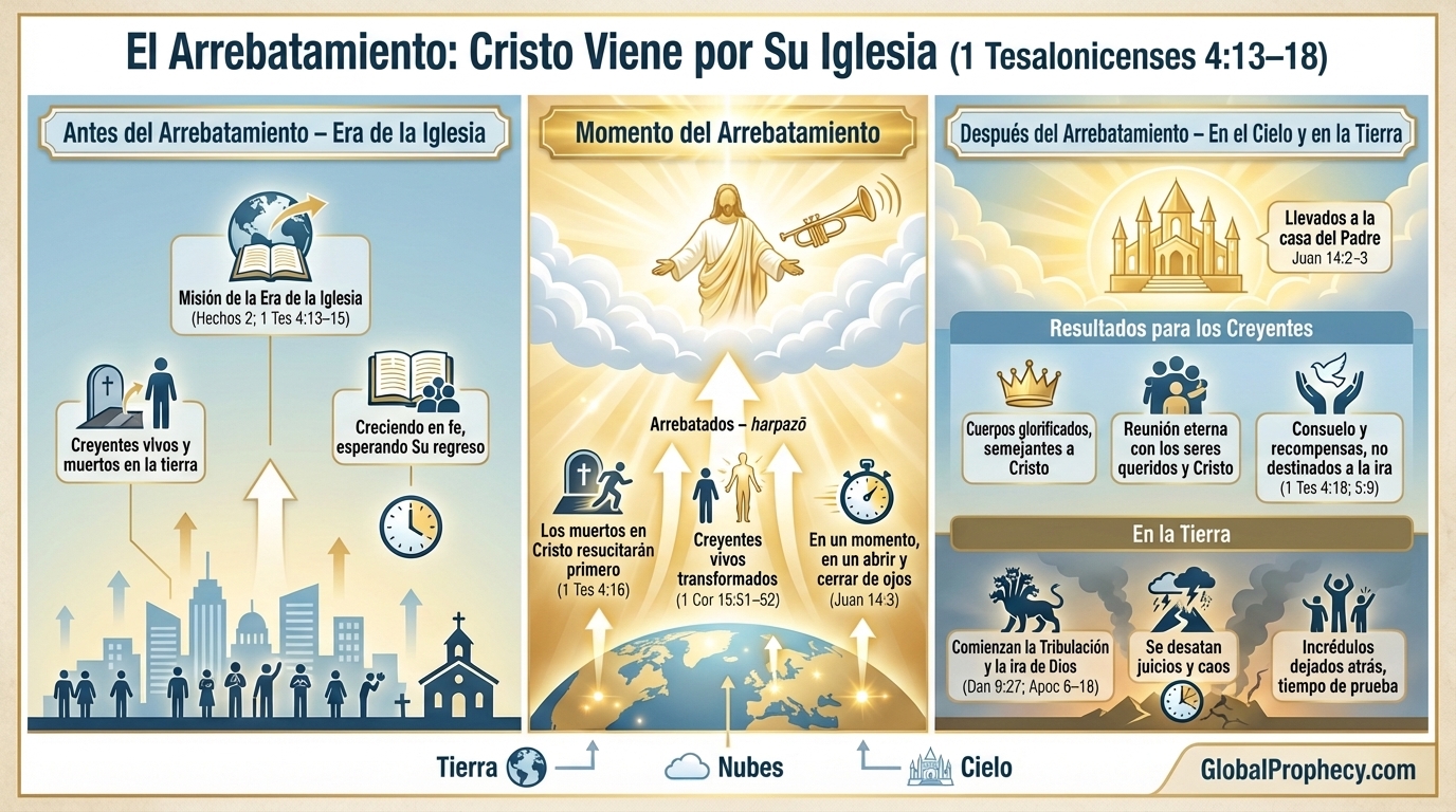Infografía que muestra el rapto como la venida de Cristo por Su iglesia, con flechas de la tierra a las nubes y a la casa del Padre.
