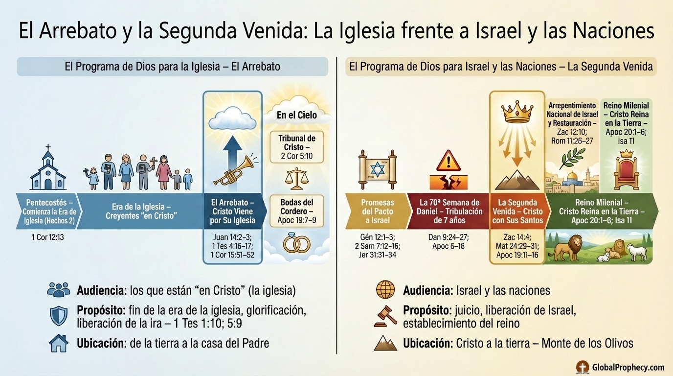 Infografía comparativa sobre el rapto y la Segunda Venida como programas de Dios para la iglesia frente a Israel y las naciones.
