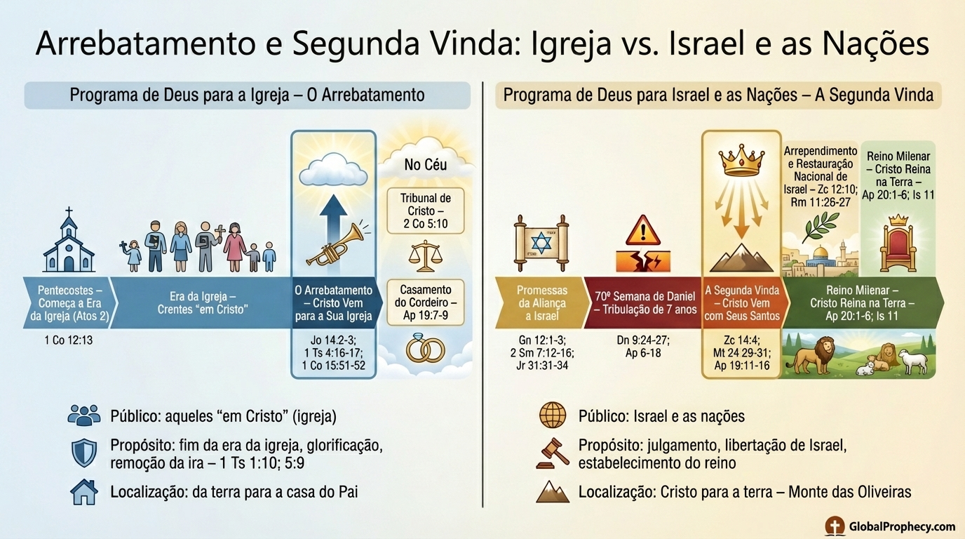 Infográfico dividido comparando o arrebatamento e a Segunda Vinda como programas de Deus para a igreja versus Israel e as nações.