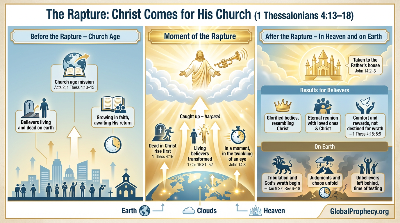 Infographic showing the rapture as Christ coming for His church, with arrows from earth to clouds to the Father’s house.