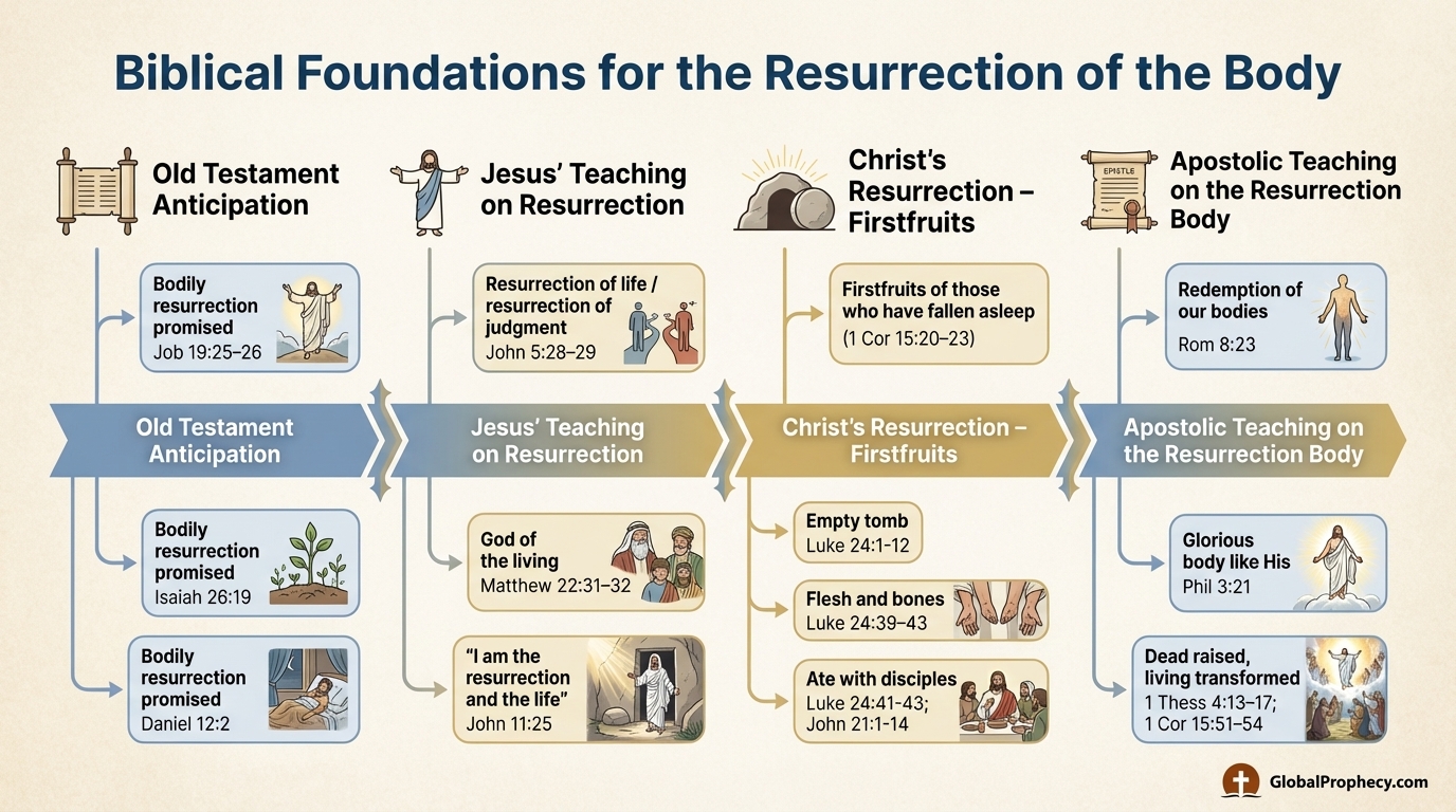 Infographic timeline of biblical foundations for the resurrection of the body from Old Testament to apostles