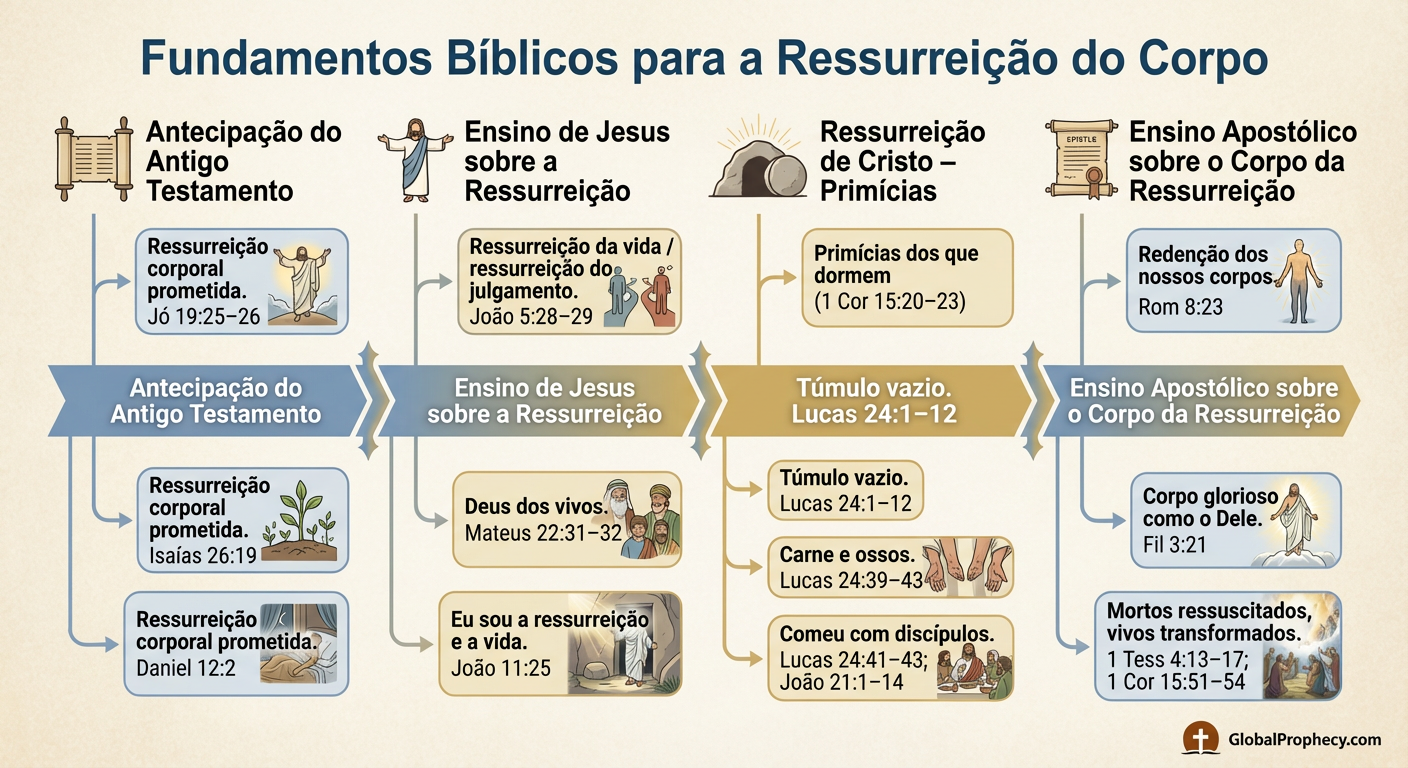 Linha do tempo infográfica das fundações bíblicas para a ressurreição do corpo do Antigo Testamento aos apóstolos.
