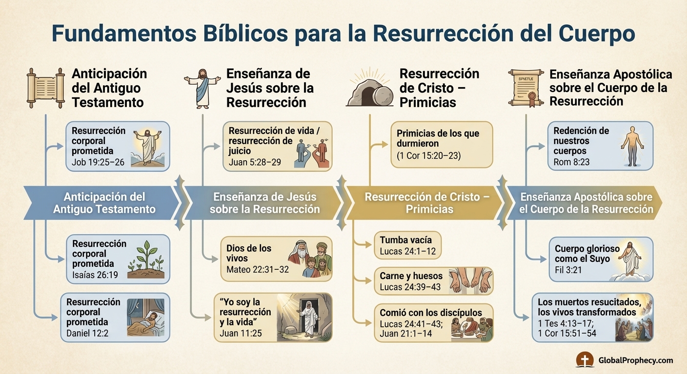 Línea de tiempo infográfica de los fundamentos bíblicos para la resurrección del cuerpo desde el Antiguo Testamento hasta los apóstoles.