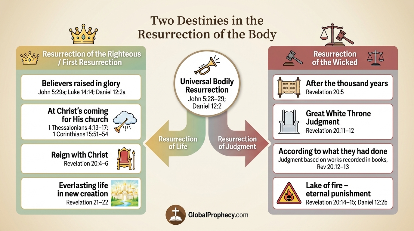 Diagram showing universal bodily resurrection branching to resurrection of life and resurrection of judgment