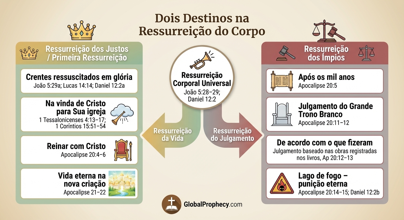Diagrama mostrando a ressurreição corporal universal ramificando-se em ressurreição da vida e ressurreição do juízo.