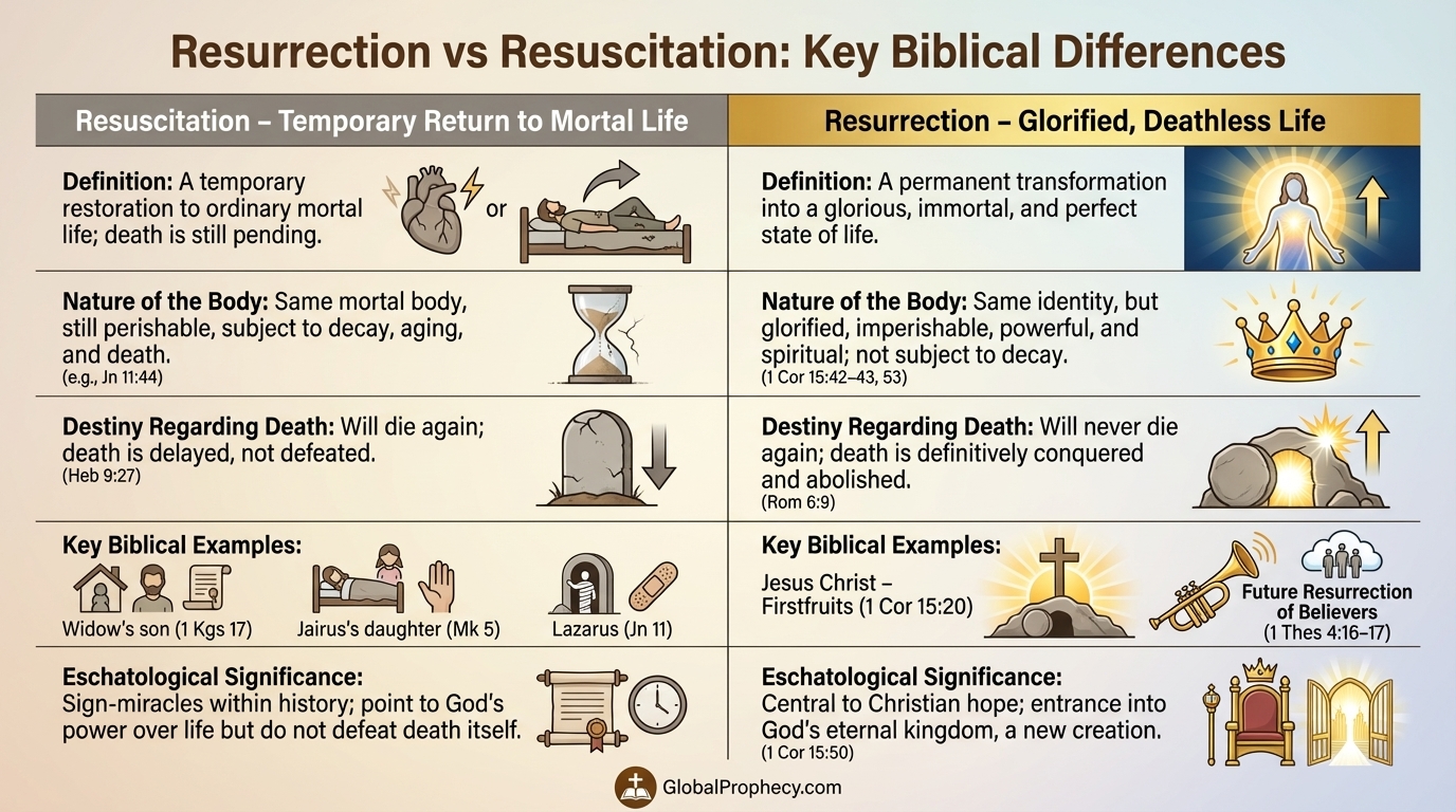 Infographic comparing biblical resurrection and resuscitation side by side.