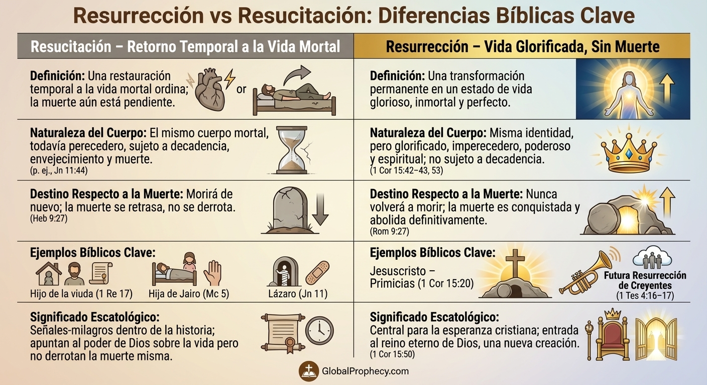 Infografía que compara la resurrección bíblica y la resucitación lado a lado.
